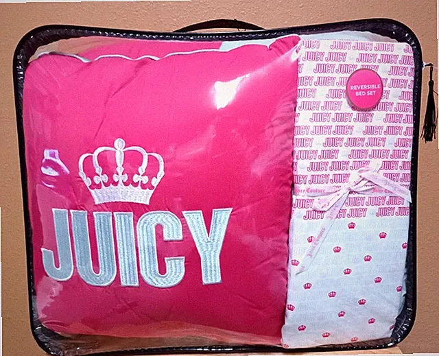Juicy Couture Reversible Pink/Grey 8pc QUEEN Set Comforter, Shams,Sheets,Pillow