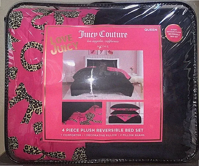 Juicy Couture Reversible QUEEN Comforter Set Plush Black/Hot Pink & Cheetah Bows