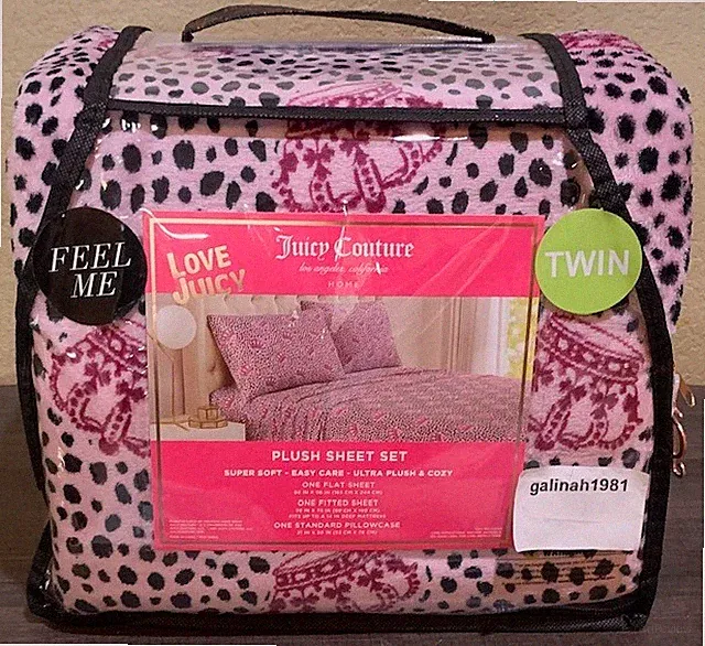 Juicy Couture TWIN 3pc Soft Plush Sheet Set Pink/Black Cheetah & Crowns Print