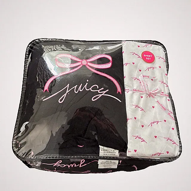 New Juicy Couture Black Pink White Bows Coquette 8 Pc Bed Comforter Set Queen